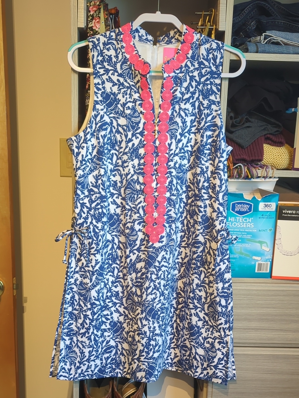 Lilly Pulitzer Blue & White Floral Sleeveless Romper with Pink Trim